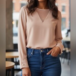 ZARA Cream Sheer V-Neck Blouse Pearl Cuff Sleeve Size S